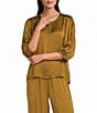 Bryn Walker Lucinda Satin Woven Solid Round Neck 3/4 Sleeve Hi-Low Hem Coordinating Shirt - Image 1