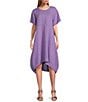 Color:Malva - Image 1 - Marina Windowpane Light Linen Short Sleeve Scoop Neck High-Low Pocketed Shift Dress