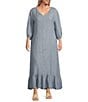 Bryn Walker Plus Lana Cross-Dyed Linen V-Neck 3/4 Sleeve Ruffle Hem Dress, Color:Rimini - Image 1