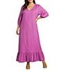 Bryn Walker Plus Lana Light Linen V-Neck 3/4 Gathered Sleeve Ruffle Hem Maxi Dress - Image 1