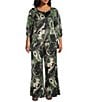 Bryn Walker Plus Osca Giardina Printed Viscose Satin Elastic Waist Full Wide Leg Coordinating Pants, Color:Rose - Image 3