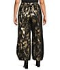 Bryn Walker Plus Size Coordinating Medina Foglia D'oro Gold Print Elastic Waist Tapered Wide Leg Pants, Color:Gold - Image 2