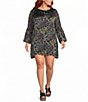 Bryn Walker Plus Size Feather Print Round Neck Long Ruffle Bell Sleeve Tunic - Image 1