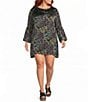 Bryn Walker Plus Size Feather Print Round Neck Long Ruffle Bell Sleeve Mini Dress - Image 1