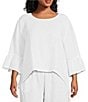 Bryn Walker Plus Size Fran Round Neck Ruffle 3/4 Bell Sleeve High-Low Linen Coordinating Shirt - Image 1