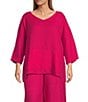 Color:Lantana - Image 1 - Plus Size Judy Light Linen V-Neck 3/4 Sleeve Oversized Shirt