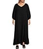Color:Black - Image 1 - Plus Size Lana Cotton Gauze V-Neck 3/4 Sleeve Ruffle Hem Shift Dress