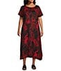 Bryn Walker Plus Size Linen Wesley Woven Garden Print Crew Neck Short Sleeve A-Line Midi Dress, Color:Kirsch - Image 1