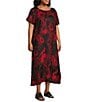 Bryn Walker Plus Size Linen Wesley Woven Garden Print Crew Neck Short Sleeve A-Line Midi Dress, Color:Kirsch - Image 3