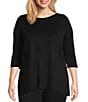 Color:Black - Image 1 - Plus Size Piera Ponti Elbow 3/4 Sleeve Boat Neck Shirt