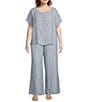 Bryn Walker Plus Stripe Linen Flat Front Elastic Waist Wide Leg Coordinating Pants, Color:Arles - Image 3