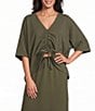 Bryn Walker Ria Cotton Jersey Knit V-Neck Dolman Sleeve Ruched Front Tie Coordinating Shirt - Image 1