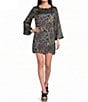 Bryn Walker Twilla Satiny Woven Feather Print Crew Neck Long Ruffle Bell Sleeve Mini Dress - Image 1