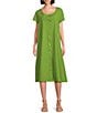 Color:Soca - Image 1 - Winsor Organic Cotton Poplin Round Neck Cap Sleeve Button-Front Midi Shirt Dress