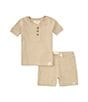 Color:Fossil - Image 1 - Baby Boys Newborn-24 Months Ribbed Knit Henley Short Sleeve Top & Pull-On Shorts Set