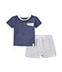 Color:Blue Smoke - Image 1 - Baby Boys Newborn-24 Months Short-Sleeve Solid Henley T-Shirt & Striped Seersucker Shorts Set