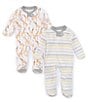 Color:Heather Grey - Image 1 - Baby Newborn-9 Months Long-Sleeve Giraffes/Stripe Loose-Fit 2-Pack Footie Sleeper