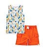 Color:Sunset Orange - Image 1 - Little Boys 2T-5T Sleeveless Beach Boards Tank and Shorts Set