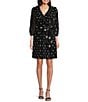 Buru Blanche Floral Print Pleated Split V-Neckline 3/4 Balloon Sleeve Tie Waist Mini Dress, Color:Black Floral - Image 1