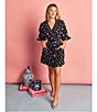 Buru Blanche Floral Print Pleated Split V-Neckline 3/4 Balloon Sleeve Tie Waist Mini Dress, Color:Black Floral - Image 4
