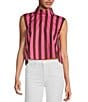 Color:Pink ST - Image 1 - Brocade Cropped Sleeveless Mock Neck Button Back Stripe Boxy Top