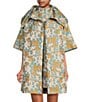 Buru Brocade Floral Oversized Point Collar 3/4 Sleeve Pocketed Topper Jacket, Color:Aqua - Image 1