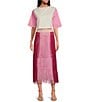 Color:Pink - Image 3 - Colorblock Elastic-Back Waist Fringe Midi A-Line Skirt