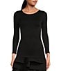 Color:Black - Image 1 - Crew Neck 3/4 Sleeve Fitted Top