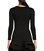 Color:Black - Image 2 - Crew Neck 3/4 Sleeve Fitted Top