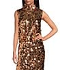 Buru Cropped Sleeveless Disco Sequin Mock Neck Button Back Cropped Coordinating Boxy Top, Color:Bronze Disco Sequin - Image 1