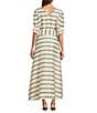 Buru Deep V-Neck Short Puff Sleeve Full Button Front A-Line Midi Dress, Color:Evergreen Stripe - Image 2