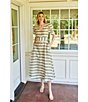 Buru Deep V-Neck Short Puff Sleeve Full Button Front A-Line Midi Dress, Color:Evergreen Stripe - Image 5