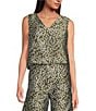 Color:Olive - Image 1 - Floral Brocade Cropped Sleeveless V-Neck Button Back Coordinating Boxy Top