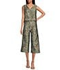 Color:Olive - Image 3 - Floral Brocade Cropped Sleeveless V-Neck Button Back Coordinating Boxy Top