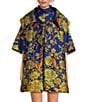 Buru Floral Brocade Wide Platter Point Collar 3/4 Sleeve Open Front Mid Length Topper Coat, Color:Royal - Image 1