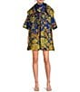 Buru Floral Brocade Wide Platter Point Collar 3/4 Sleeve Open Front Mid Length Topper Coat, Color:Royal - Image 3