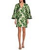 Buru Le V Mod Brocade V-Neckline Bell Sleeve Mini Dress, Color:Green Iris - Image 1