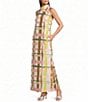 Buru Mod Plaid Print Brocade Mock Neck Sleeveless Shift Maxi Dress - Image 1