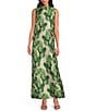 Buru Maxi Mod Printed Brocade Mock Neck Sleeveless Shift Maxi Dress, Color:Green Iris - Image 1