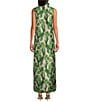 Buru Maxi Mod Printed Brocade Mock Neck Sleeveless Shift Maxi Dress, Color:Green Iris - Image 2