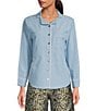 Color:Chambray - Image 1 - Mel Denim Chambray Notch Collar Chest Pocket Long Sleeve Contrast Piping Button Down Blouse