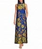 Buru Mod Brocade Coral Iris Print Mock Neck Sleeveless Shift Maxi Dress - Image 1