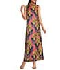 Buru Mod Coral Iris Print Mock Neck Sleeveless Shift Maxi Dress - Image 1