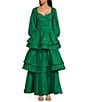 Color:Green - Image 3 - Teagan Tiered Ruffle Full Length A-Line Pocketed Skirt