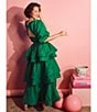 Color:Green - Image 6 - Teagan Tiered Ruffle Full Length A-Line Pocketed Skirt