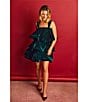 Buru Teagan Velvet Square Neck Wide Strap Tiered Ruffle A-Line Convertible Mini to Maxi Flounce Dress, Color:Dark Green - Image 6