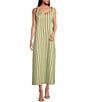 Buru Tie Shoulder Strap Stripe Print Scalloped V-Neck Maxi Dress, Color:Sage Stripe - Image 1