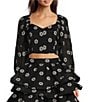 Buru Woven Brocade Floral Print Sweetheart Neck Long Balloon Sleeve Smocked Keyhole Back Cropped Coordinating Bustier Top, Color:Black Floral - Image 1