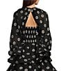 Buru Woven Brocade Floral Print Sweetheart Neck Long Balloon Sleeve Smocked Keyhole Back Cropped Coordinating Bustier Top, Color:Black Floral - Image 2