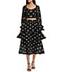 Buru Woven Brocade Floral Print Sweetheart Neck Long Balloon Sleeve Smocked Keyhole Back Cropped Coordinating Bustier Top, Color:Black Floral - Image 3